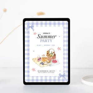 Animierte Einladungskarte - Pastell Lila Blau Und Weiß Illustrierende Sommer Picknick Einladungskarte
