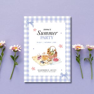Einladungskarte Vorlage - Pastell Lila Blau Und Weiß Illustrierende Sommer Picknick Party Einladungskarte