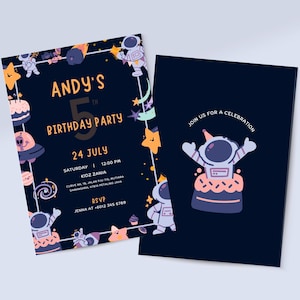 Diseño de tarjeta de invitación - Plantilla de invitación para fiesta de astronautas infantiles, fiesta de cumpleaños con adorables dibujos en naranja y azul, colores editables (P01KC)
