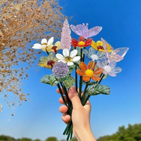 Glass Birth Month Flowers, Handmade Glass Birth Flower, Birth Flower Bouquet,Decorative Flower Gift Glass Decor Birthday Commemorative Gifts