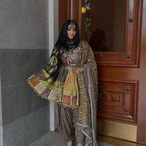 Handcrafted Vintage Jamawar Afghan Dress with Embellished Shawl