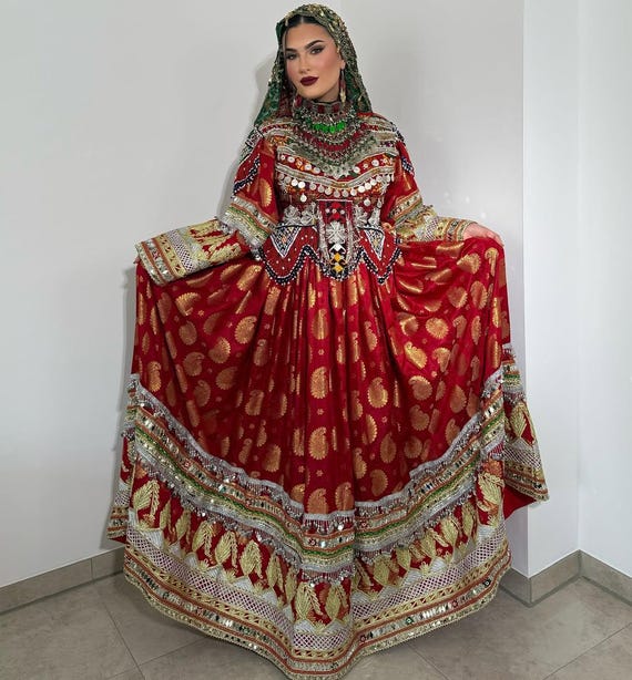red afghani dress Traditional Red Afghan Dress | Hand-embroidered Mirror Work | Cultural Pashtun Attire for Weddings & Events