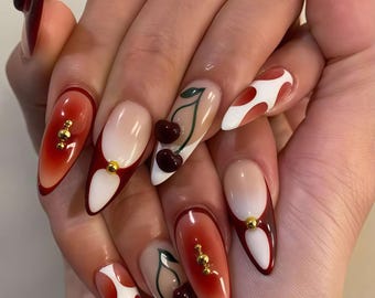 Wedding Nails,Custom Cherry Press on Nails,Hand Painted Nail,3D Almond Acrylics,Campanula Nails,Christmas French Floral Nails