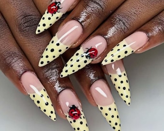 Polka Dot Ladybug Press On Nails: 3D Almond Acrylic Nails