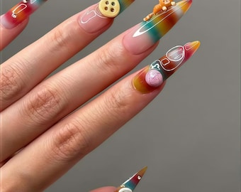 Custom Press on Nails,Yarn, buttons, kitten Flower Nails,French Nails,Square Nails,Hand Painted nail,3D Nails,Acrylic Nails ,Birthday Gift