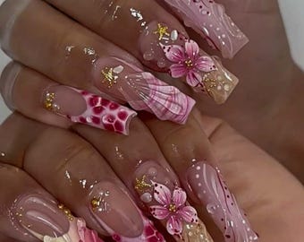 Square Nails ,French Nails,Floral Nails,hand painted nail,custom press on nails,3D Nails,Acrylic Nails ,Girl Gift,Birthday Gift