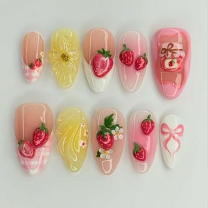 Strawberry Nails,French Nails,hand painted nail,custom press on nails,3D Nails,Almond Nails,Acrylic Nails,Birthday gift,Girl gift