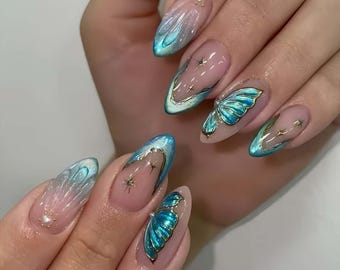 Butterfly Nails,French Nails,hand painted nail,custom press on nails,3D Nails,Almond Nails,Acrylic Nails,Birthday gift,Girl gift