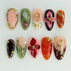 Floral Nails,French Nails,hand painted nail,custom press on nails,3D Nails,Almond Nails,Acrylic Nails,Birthday gift,Girl gift