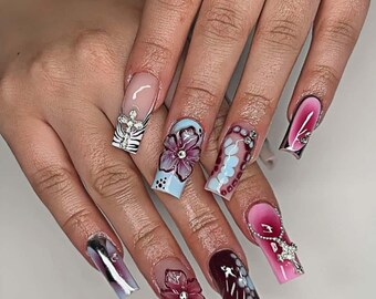Floral Nails,French Nails,Square Nails,hand painted nail,custom press on nails,3D Nails,Acrylic Nails ,Girl Gift,Birthday Gift