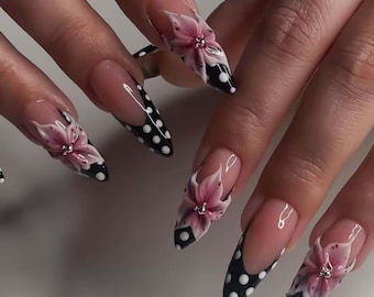 Polka Dot Floral Press On Nails: 3D Long Almond Acrylic Nails