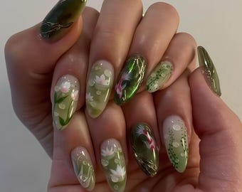 Wedding Nails,Custom Green Leaves Pink Flower Fish Press on Nails,Hand Painted Nail,3D Almond Acrylics,Christmas French Floral Nails