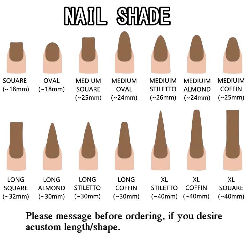 Peut inclure: Image pr&eacute;sentant diff&eacute;rentes formes et longueurs d'ongles, notamment carr&eacute;s, ovales et stiletto, dans une teinte marron. Les mesures sont en millim&egrave;tres. Le texte "NAIL SHADE" est en haut. Le message concernant les commandes personnalis&eacute;es est &eacute;galement inclus.