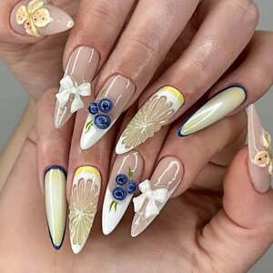 Lemon Berry Nails,French Nails,hand painted nail,custom press on nails,3D Nails,Stiletto Nails,Acrylic Nails,Birthday gift,Girl gift