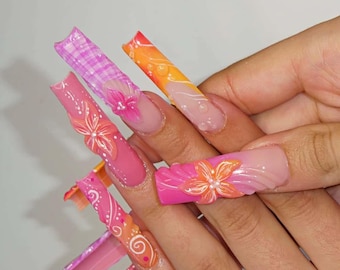 Acid Brights,Long Square Nails ,French Nails,Flroal Nails hand painted nail,custom press on nails,3D Nails,Acrylic Nails ,Girl Gift