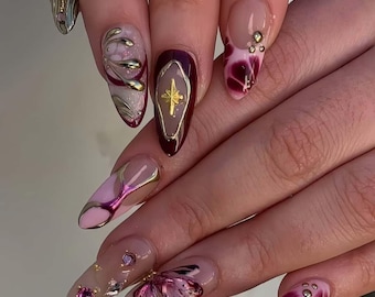 Butterfly Nails,French Nails,Almond Nails,hand painted nail,custom press on nails,3D Nails,Acrylic Nails ,Girl Gift,Birthday Gift