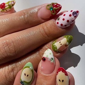 Apple Nails,French Nails,hand painted nail,custom press on nails,3D Nails,Almond Nails,Acrylic Nails,Birthday gift,Girl gift