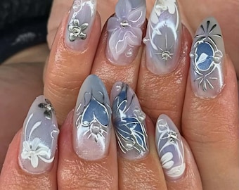 Butterfly Floral French Press On Nails: 3D Hand-Painted Acrylic Almond Nails