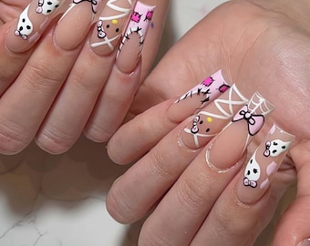 3D  Press On Nails: Long Square French Acrylic Nails