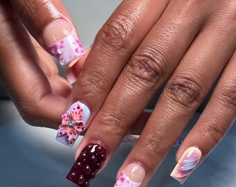 Polka Dot Floral Press On Nails: 3D Long Square Acrylic Nails