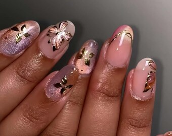 Mirror Chrome Press On Nails: Long Almond, 3D, Hand-Painted