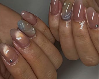 Mirror Chrome Press On Nails: Long Almond, 3D, Hand-Painted