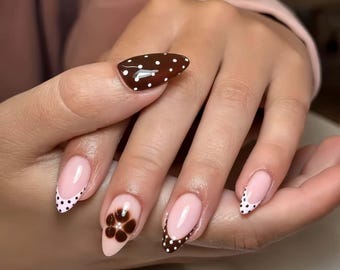 Polka Dot Floral Press On Nails: 3D Long Almond Acrylic Nails