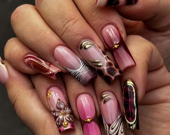 Leopard French Square Nails,hand painted custom press on 3D Acrylic Nails ,Girl Gift