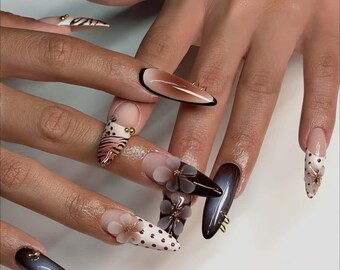 Polka Dot Floral Press On Nails: 3D Long Almond Acrylic Nails