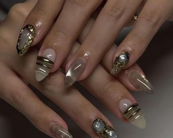 Custom Press on Nails,Golden Flower Nails,French Nails,Square Nails,Hand Painted nail,3D Nails,Acrylic Nails ,Birthday Gift