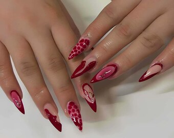 Red Ombre Tortoiseshell nails ,French Nails,hand painted nail,custom press on nails,3D Nails, Almond Nails,Acrylic Nails,Minimalist