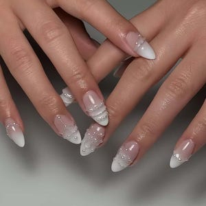 Pearl Nails,French Nails,hand painted nail,custom press on nails,3D Nails,Almond Nails,Acrylic Nails,Birthday gift,Girl gift
