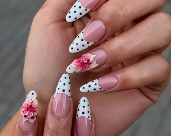 Polka Dot Floral Press On Nails: 3D Long Almond Acrylic Nails