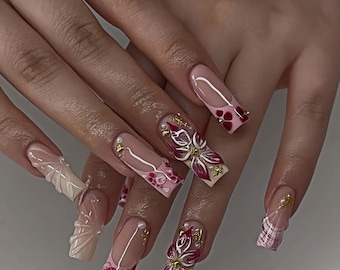 Floral Nails,French Nails,Square Nails,hand painted nail,custom press on nails,3D Nails,Acrylic Nails ,Girl Gift,Birthday Gift