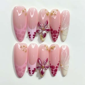 Floral Nails,French nails,hand painted nail,custom press on nails,3D Nails,Almond Nails,Acrylic Nails,Birthday gift,Girl gift