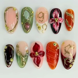 Floral Nails,French Nails,hand painted nail,custom press on nails,3D Nails,Almond Nails,Acrylic Nails,Birthday gift,Girl gift