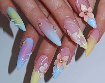 Floral Nails,French Nails,hand painted nail,custom press on nails,3D Nails,Stiletto Nails,Acrylic Nails,Birthday gift,Girl gift