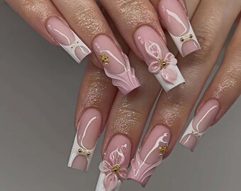 Floral Nails,French Nails,Square Nails,hand painted nail,custom press on nails,3D Nails,Acrylic Nails ,Girl Gift,Birthday Gift