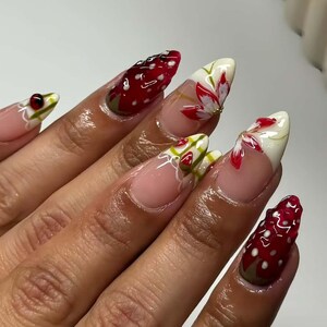 Strawberry Floral Nails,French Nails,hand painted nail,custom press on nails,3D Nails,Almond Nails,Acrylic Nails,Birthday gift,Girl gift