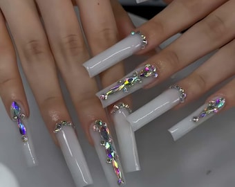 Diamond Long Square Press On Nails: Hand Painted 3D Acrylic Nails