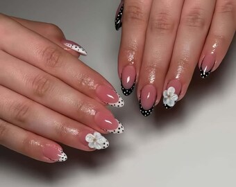 Polka Dot Floral Press On Nails: 3D Long Almond Acrylic Nails