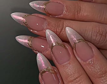 Mirror Chrome Press On Nails: Long Almond, 3D, Hand-Painted