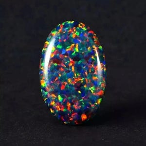 May include: Oval-shaped black opal gemstone with a vibrant display of color. The opal features a mosaic of blues, greens, reds, and yellows, creating a striking play-of-color effect. The polished surface reflects light, enhancing the gemstone's brilliance.