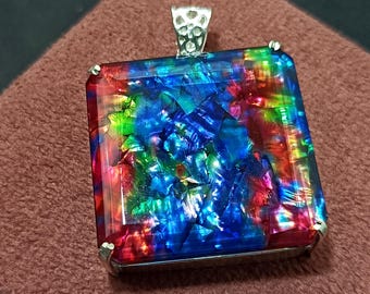 Pendentif opale ammolite 103 carats 32 x 32 mm, collier en argent sterling 925 avec pierres précieuses arc-en-ciel, cadeau bijoux ammolite naturelle, cristal de guérison