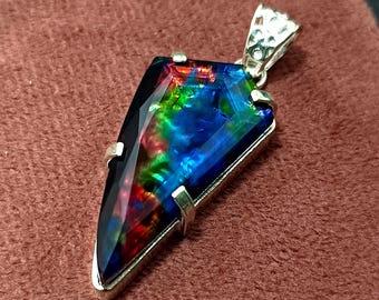 Pendentif ammolite opale 38 x 18 mm, collier de pierres précieuses arc-en-ciel en argent sterling 925, cadeau bijoux ammolite naturelle pour femme, cristal de guérison