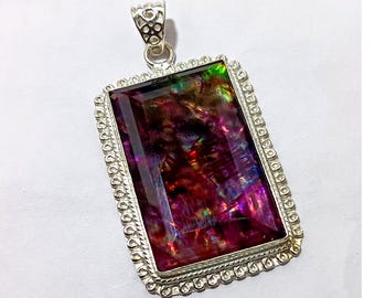 Pendentif doublet d'ammolite arc-en-ciel 38 x 24 mm, collier de pierres précieuses en argent sterling 925, cadeau bijoux ammolite naturelle pour femme, pierre de guérison