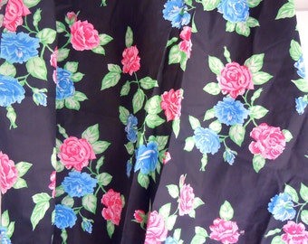 Black Vintage Fabric with Blue and Pink Roses- 1 Plus Yard