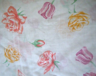 Roses and Tulips Vintage Cotton Fabric- 2 plus Yards-Red, Purple, Yellow Roses and Tulips
