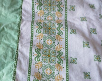 Vintage Green, Yellow, and White Faux Embroidery Print Pillowcases- Set of two pillowcases