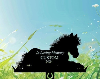 Personalized Lying Pony Horse Memorial Sign, Custom Metal Grave Marker For Horse Lovers, Peaceful Pet Loss Tribute, Outdoor Stable Decor.